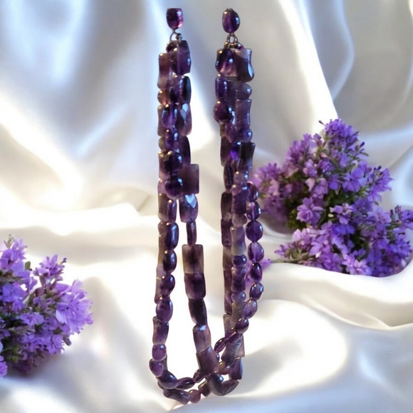 3 Strand Purple Amethyst Polished Precious Gemstones Necklace - Picture 1 of 5